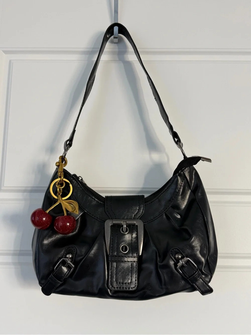 Black Leather Shoulder Bag with Cherry Charm